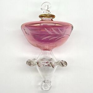 VTG Egyptian Museum Hand Blown Glass Ornament Teardrop 4” Cranberry/Clear Etched